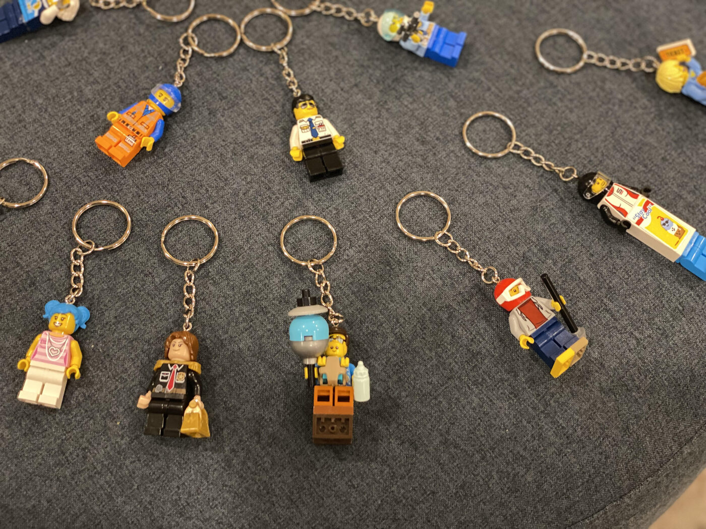 A set of handmade LEGO keychains